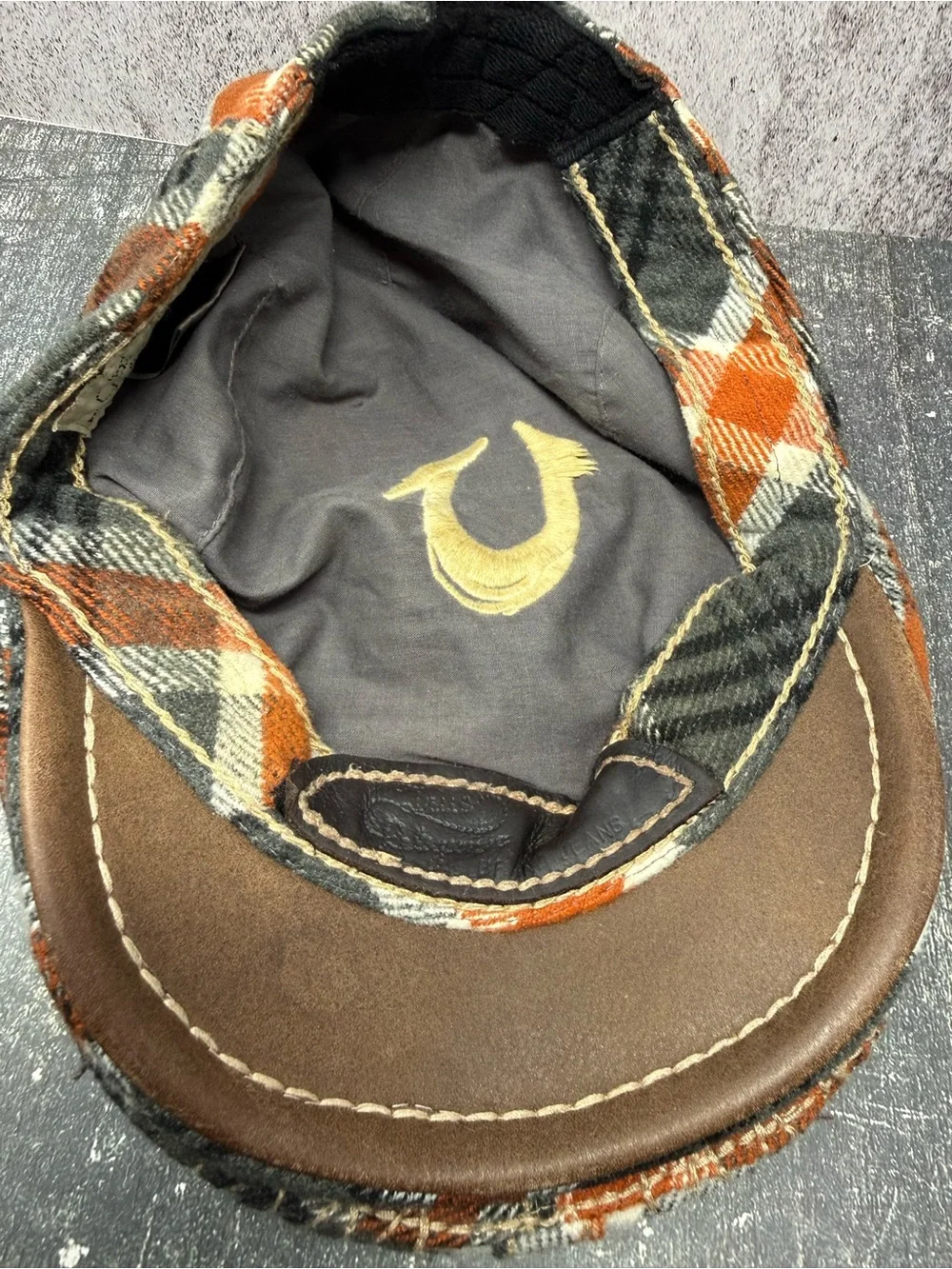 True Religion Brand Jeans Plaid Newsboy Ivy Flat Cap Hat Gray Orange Vintage